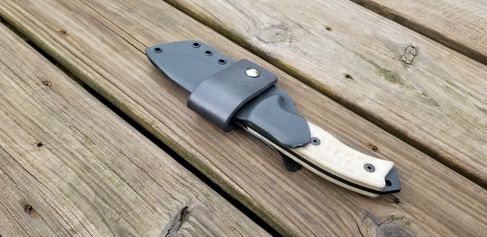 Ontario RAT-5 Taco Style kydex sheath (Split thumb ramp style), Single leather scout carry loop