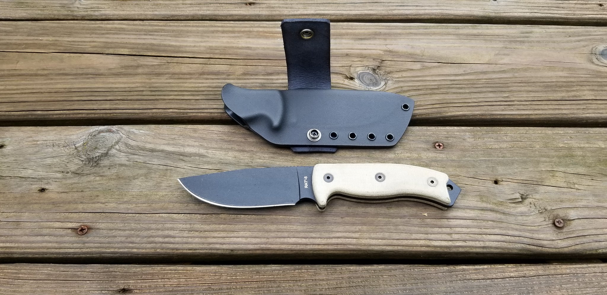 Ontario RAT-5 Taco Style kydex sheath (Split thumb ramp style), Single leather scout carry loop
