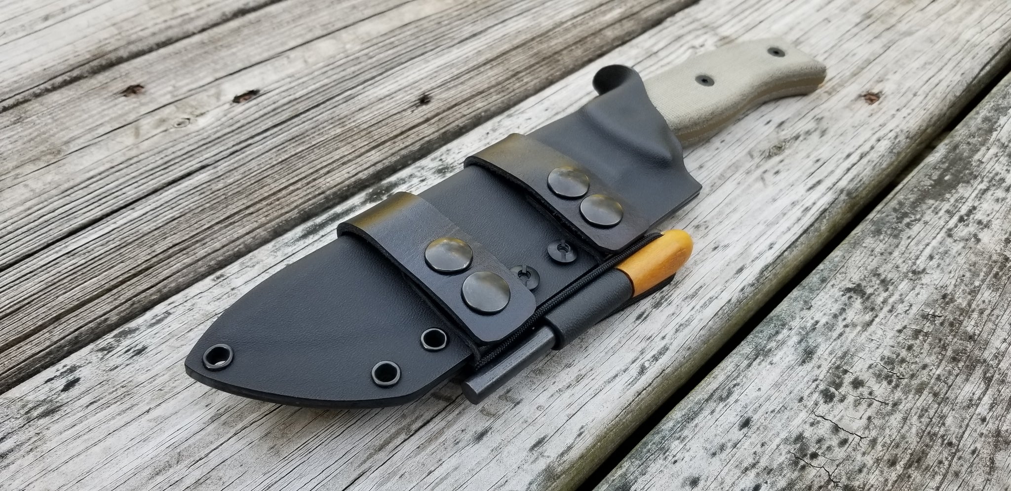 ESEE-6 Custom Taco style Kydex Sheath in Scout carry w/ double snap leather belt attach and fire steel holder