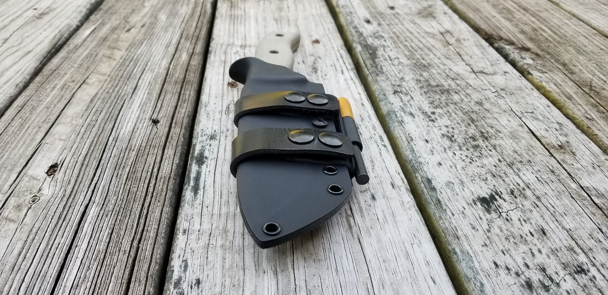 ESEE-6 Custom Taco style Kydex Sheath in Scout carry w/ double snap leather belt attach and fire steel holder