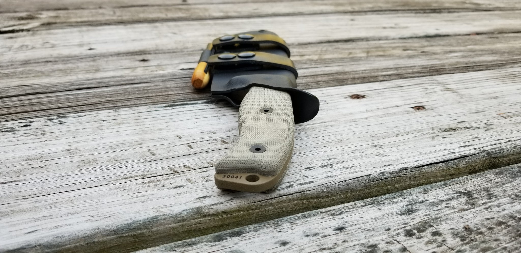 ESEE-6 Custom Taco style Kydex Sheath in Scout carry w/ double snap leather belt attach and fire steel holder