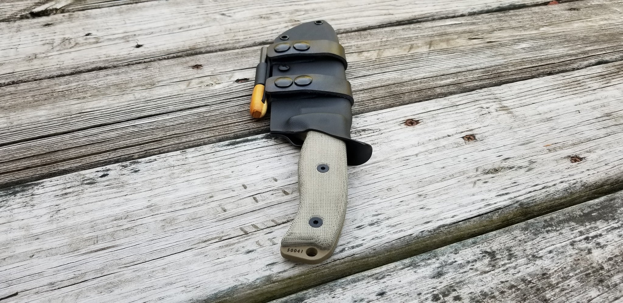 ESEE-6 Custom Taco style Kydex Sheath in Scout carry w/ double snap leather belt attach and fire steel holder