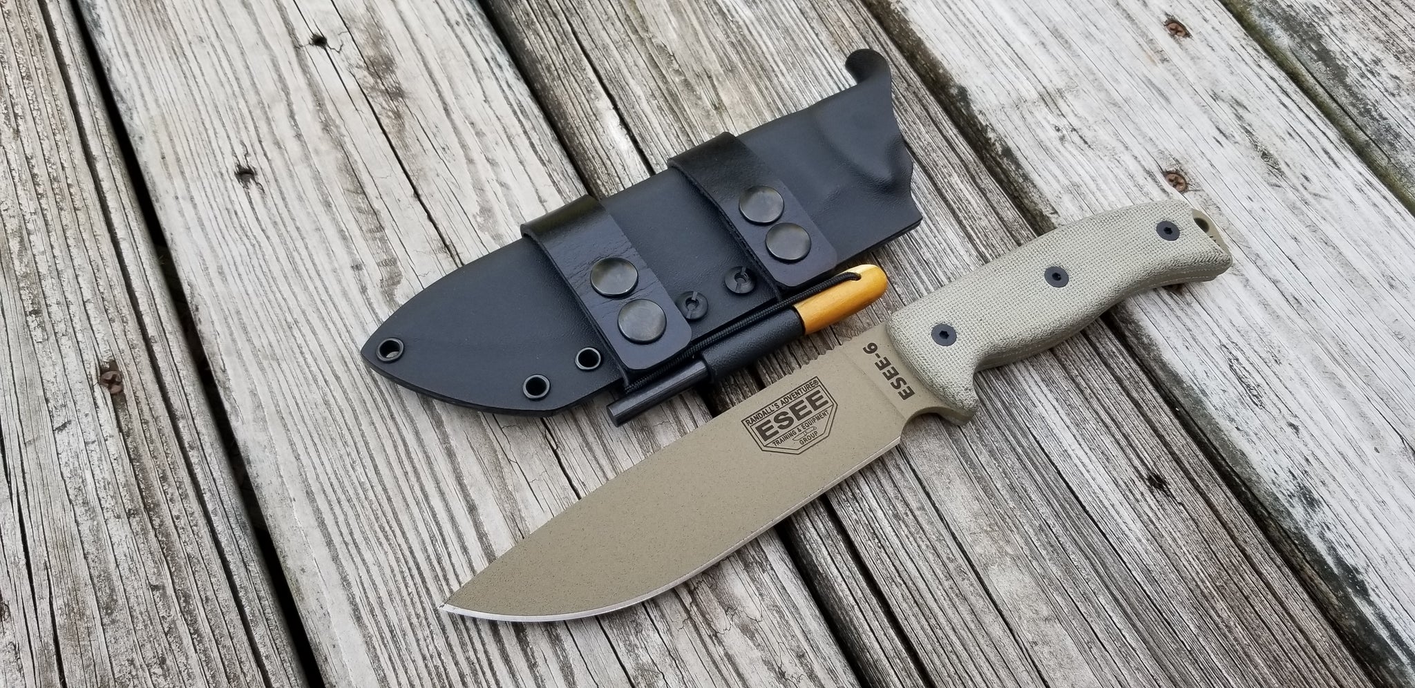 ESEE-6 Custom Taco style Kydex Sheath in Scout carry w/ double snap leather belt attach and fire steel holder