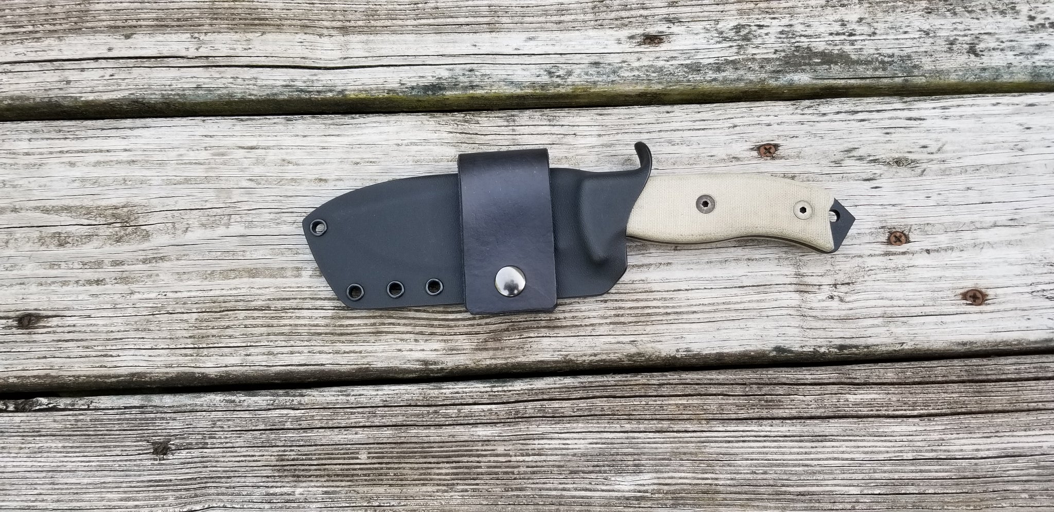 Ontario RAT-5 custom kydex sheath, single leather scout carry loop