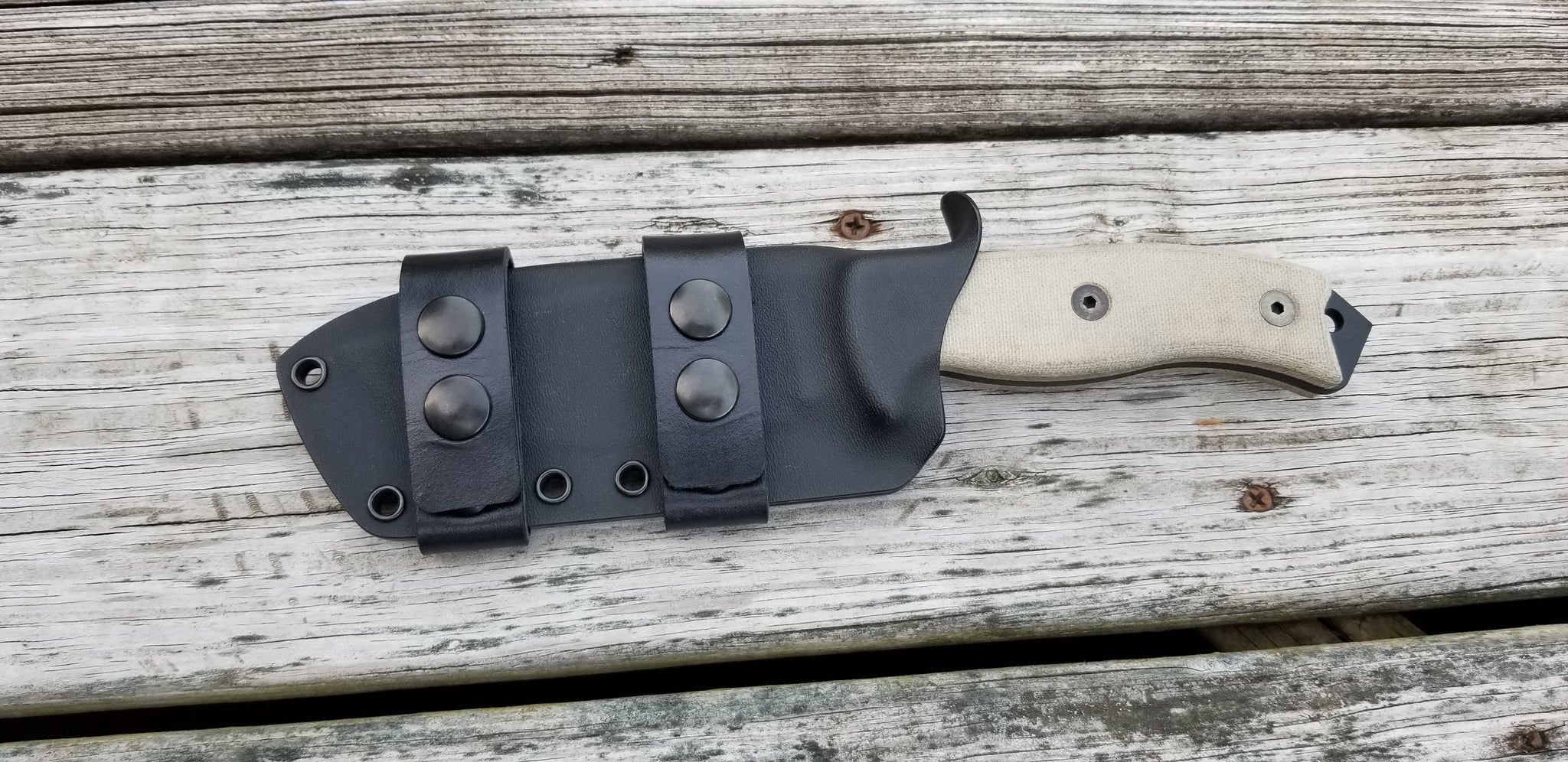 Ontario RAT-5 Taco Style kydex sheath, pair of leather/Double snap scout carry loops