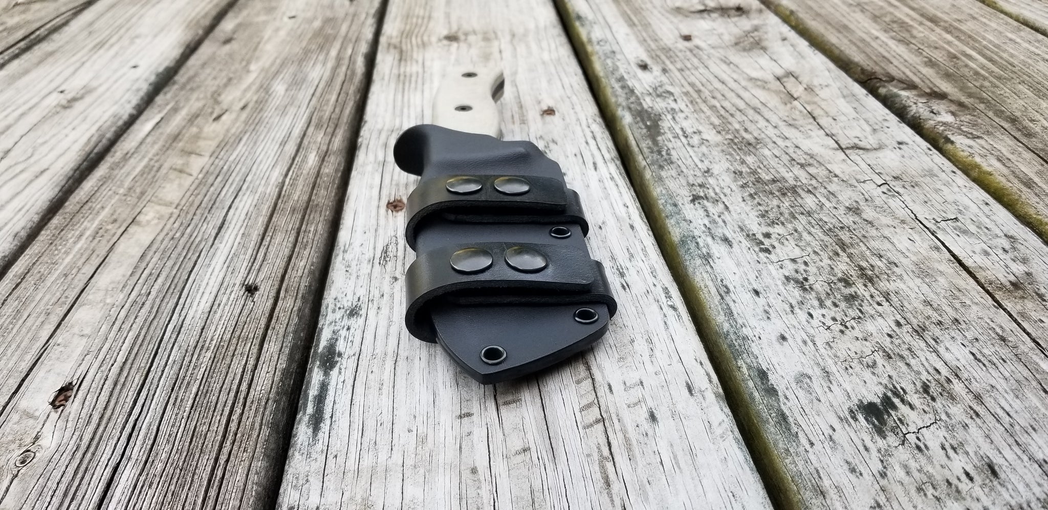 Ontario RAT-5 Taco Style kydex sheath, pair of leather/Double snap scout carry loops