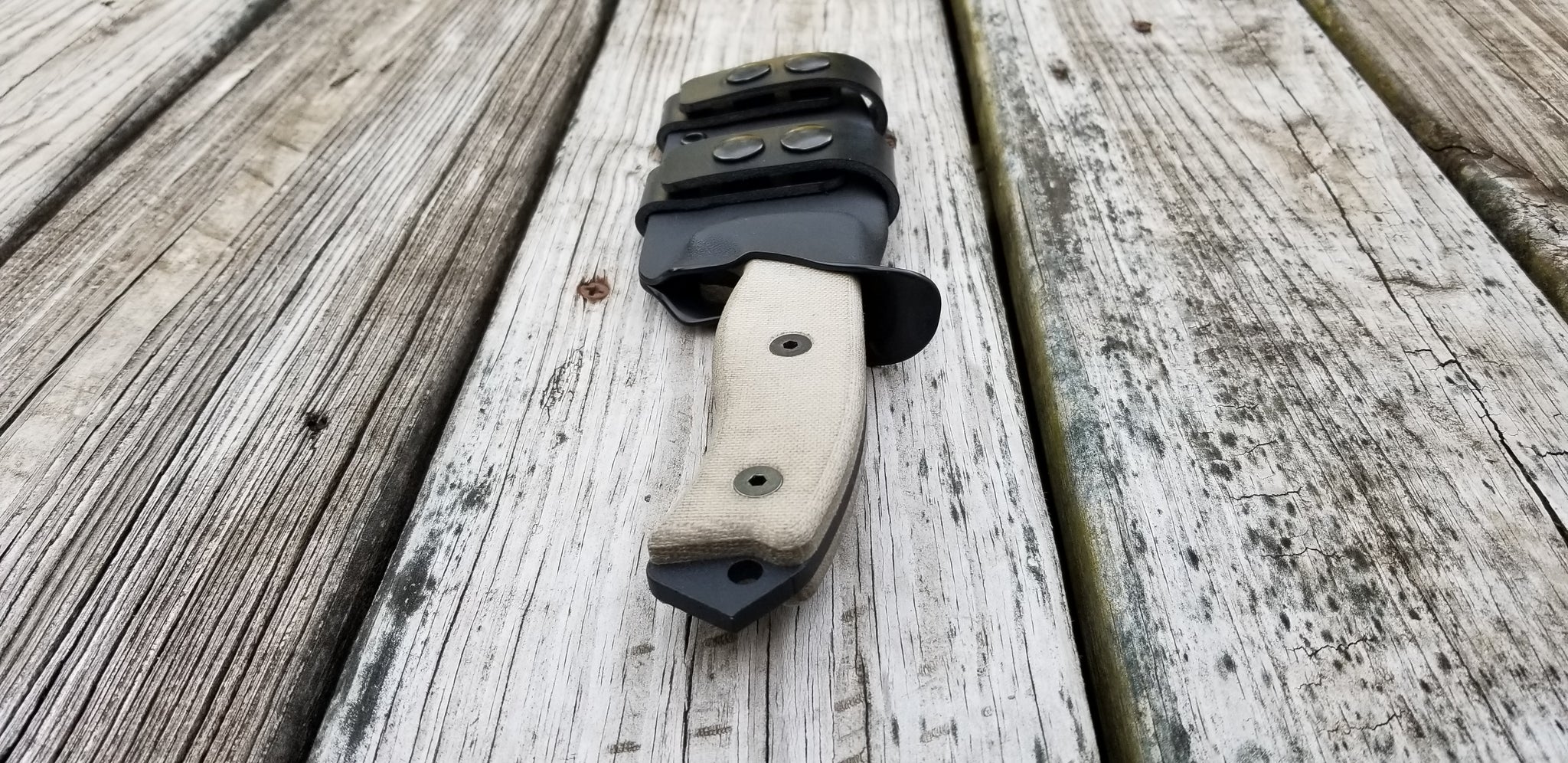 Ontario RAT-5 Taco Style kydex sheath, pair of leather/Double snap scout carry loops