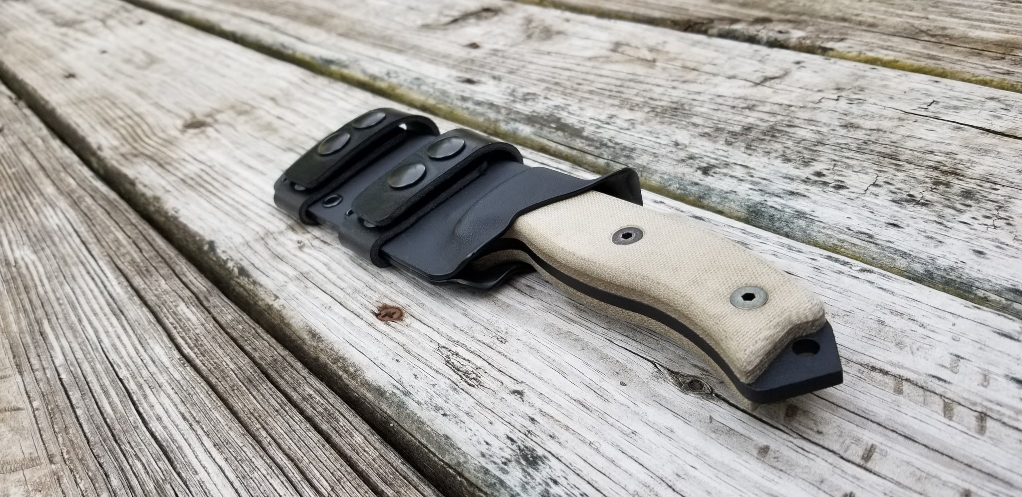 Ontario RAT-5 Taco Style kydex sheath, pair of leather/Double snap scout carry loops