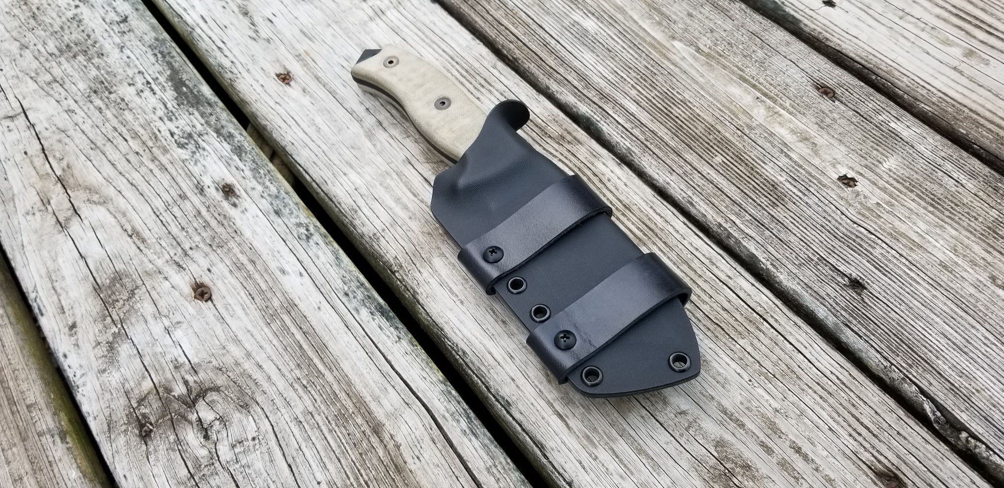Ontario RAT-5 Taco Style kydex sheath, pair of leather/Double snap scout carry loops