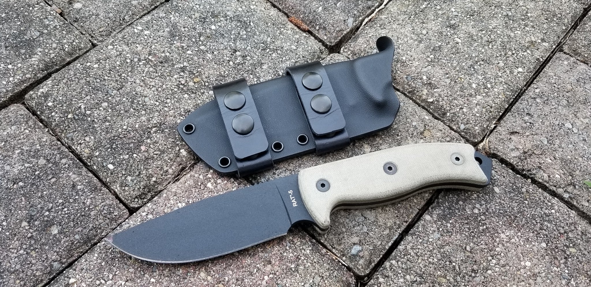 Ontario RAT-5 Taco Style kydex sheath, pair of leather/Double snap scout carry loops