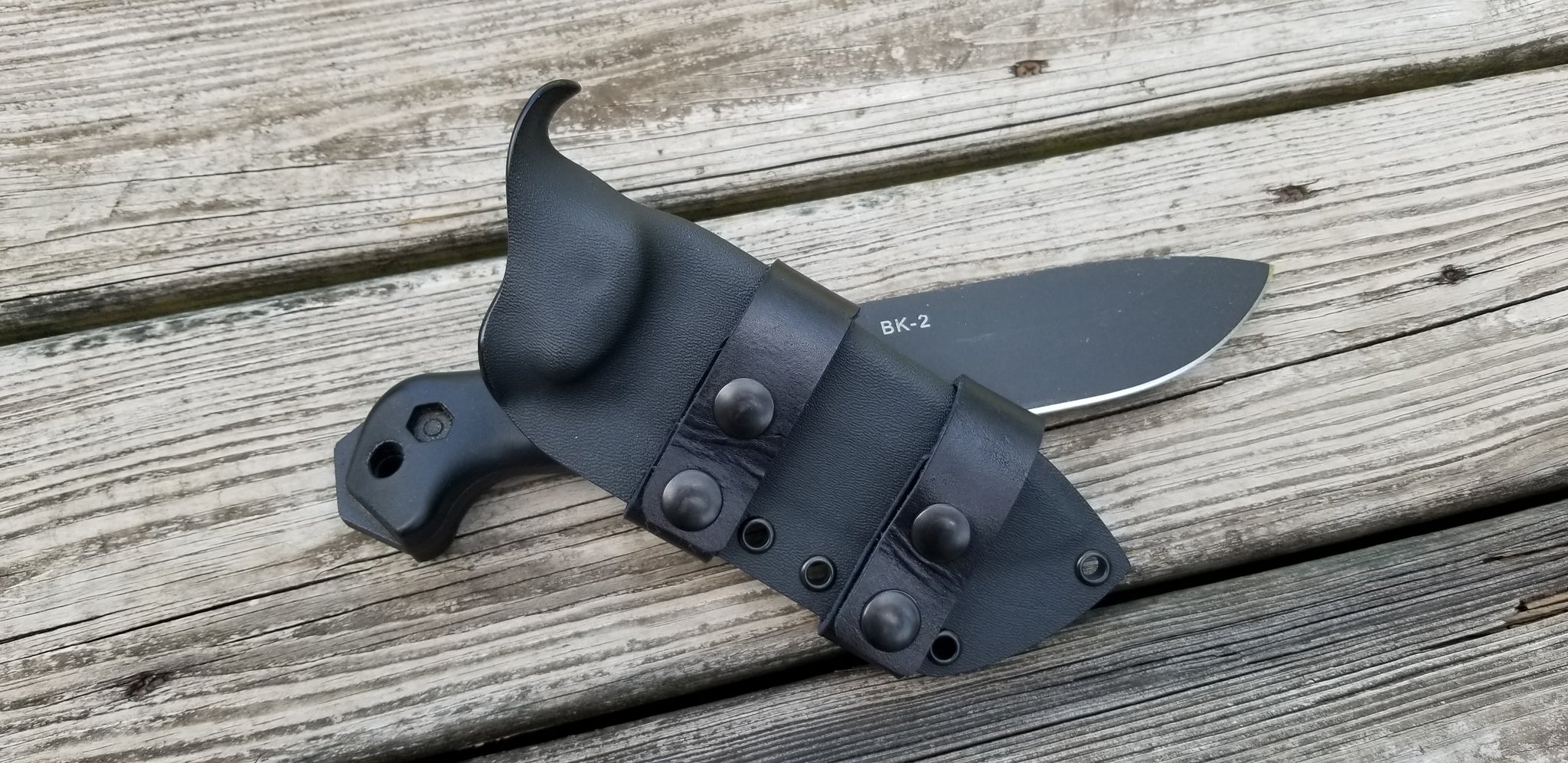KA-BAR BK2 Scout Carry custom Taco style kydex sheath w/ pair of double snap leather scout carry belt attach.