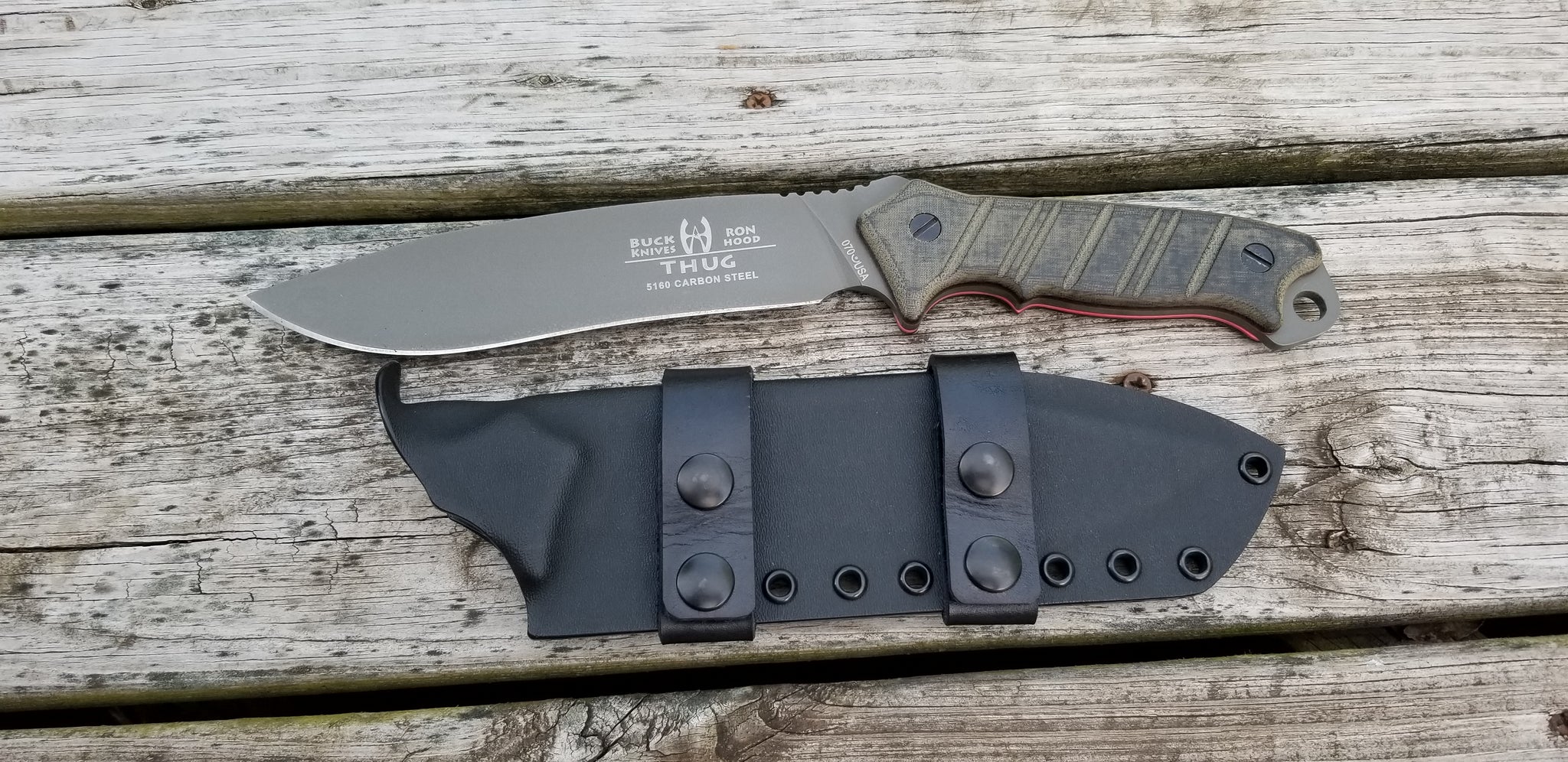 BUCK THUG Custom Taco style Kydex Sheath in Scout Carry w/ double snap leather scout straps