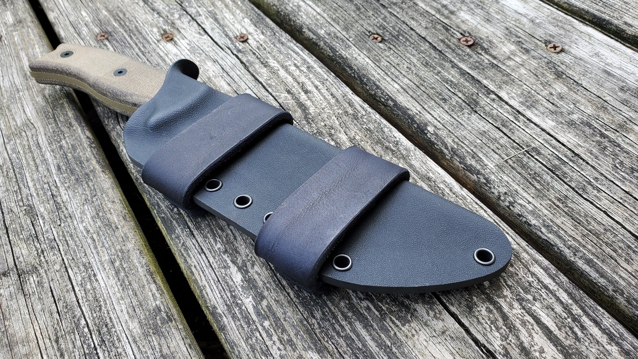 ESEE-6 Custom Taco style Kydex Sheath scout carry w/ double leather straps single snap