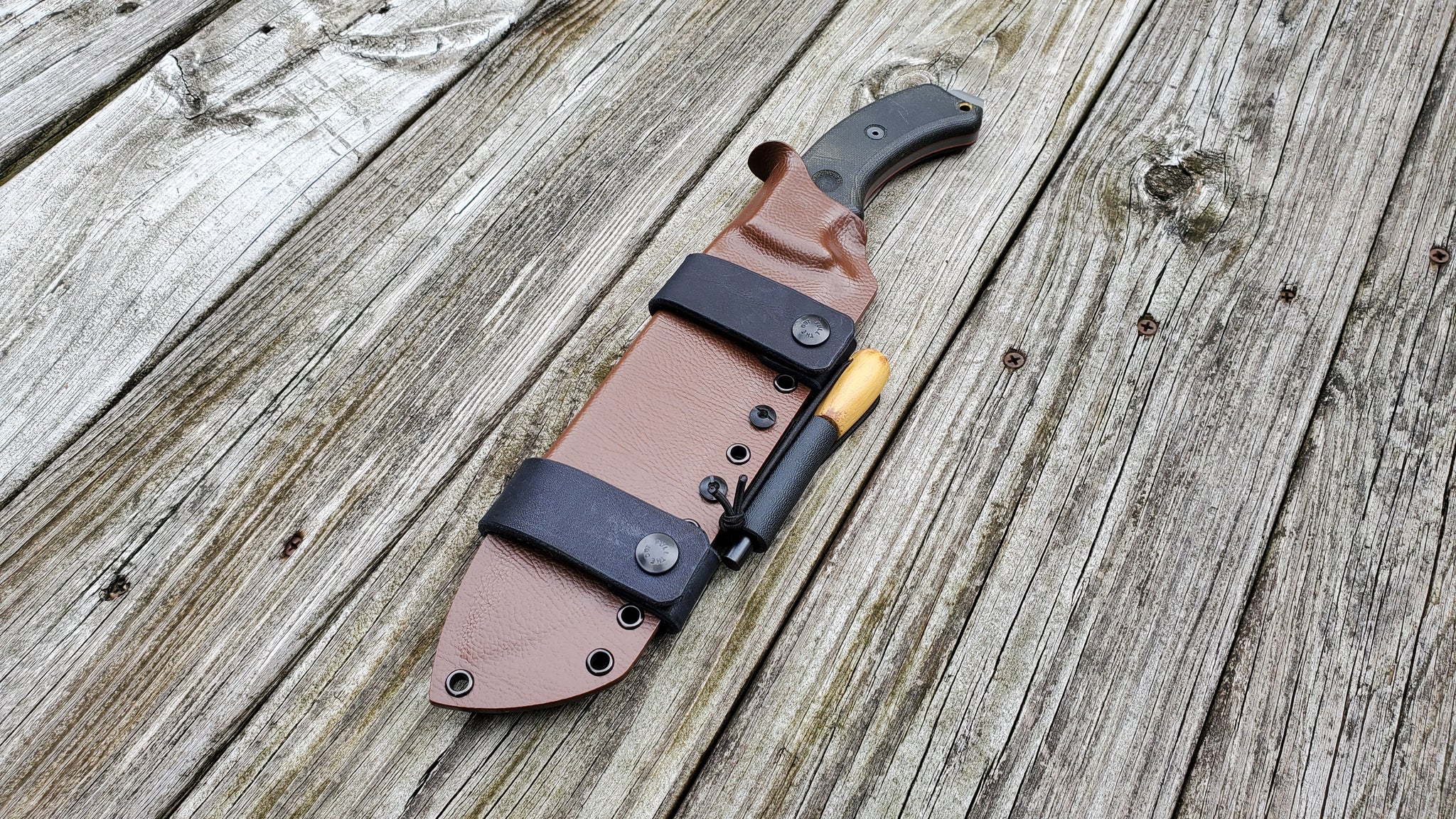 TOPS TAHOMA FIELD KNIFE Taco Style Sheath in SCOUT Carry w/ 2 single snaps & Firesteel Holder