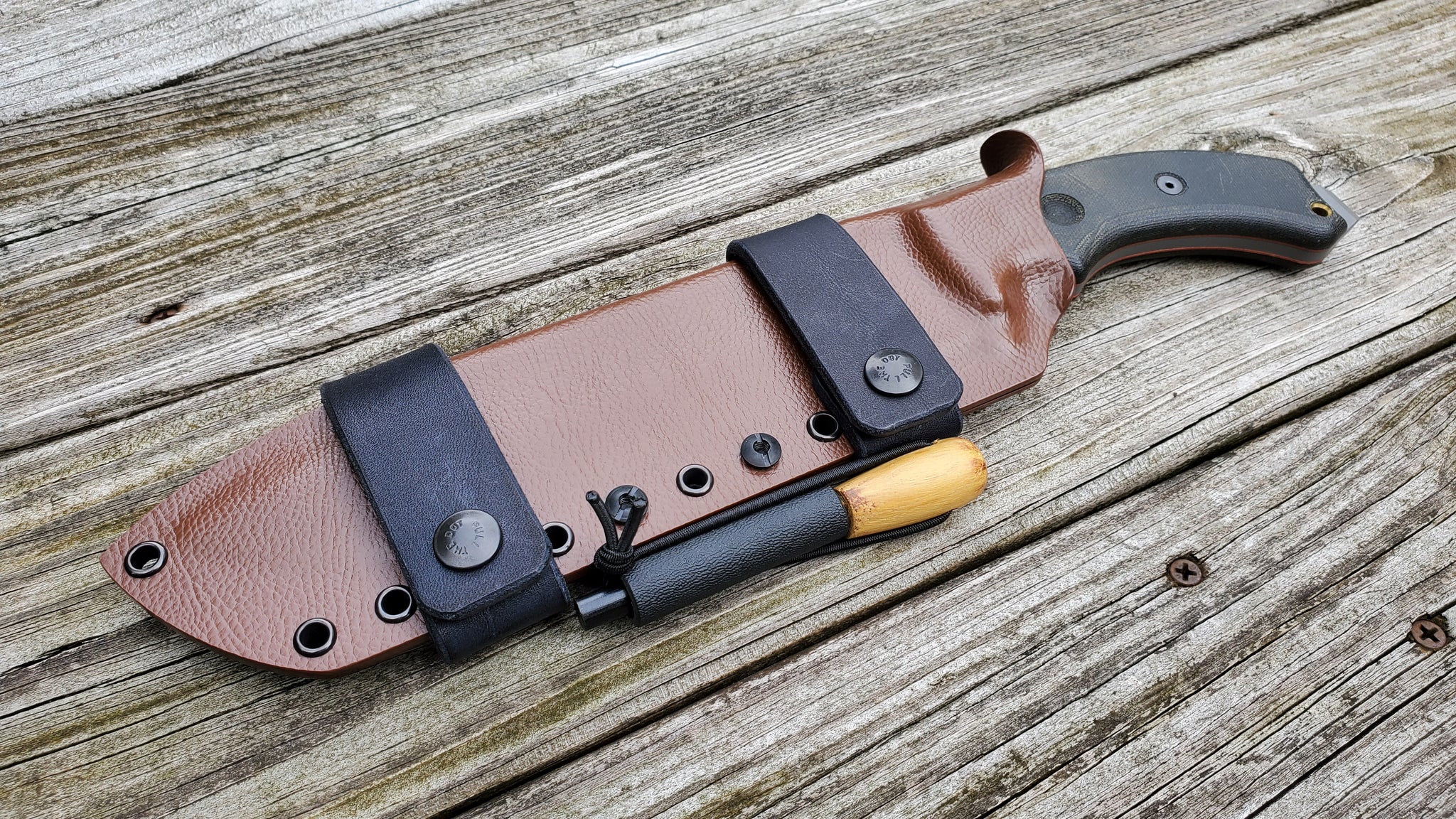 TOPS TAHOMA FIELD KNIFE Taco Style Sheath in SCOUT Carry w/ 2 single snaps & Firesteel Holder