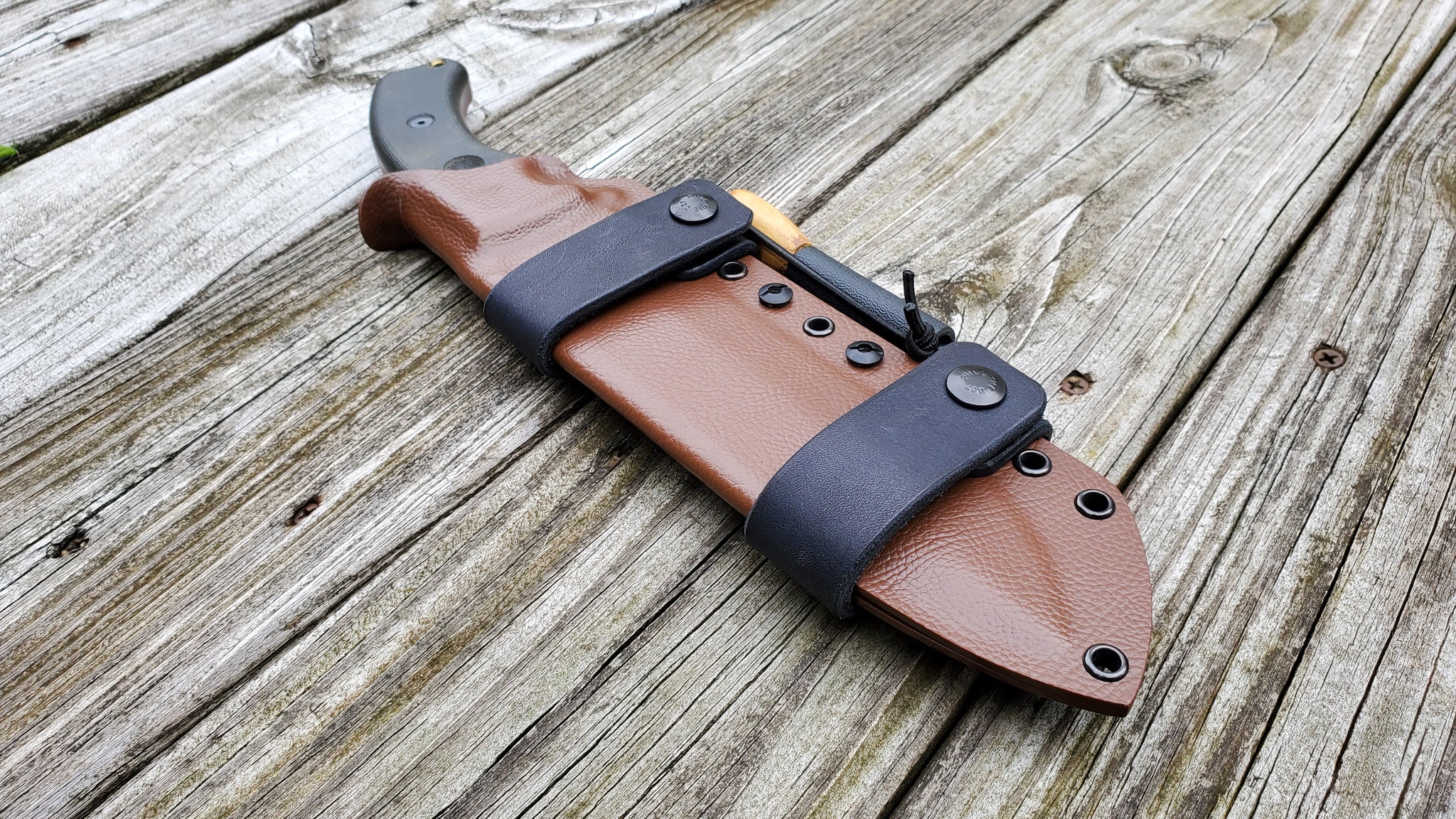 TOPS TAHOMA FIELD KNIFE Taco Style Sheath in SCOUT Carry w/ 2 single snaps & Firesteel Holder