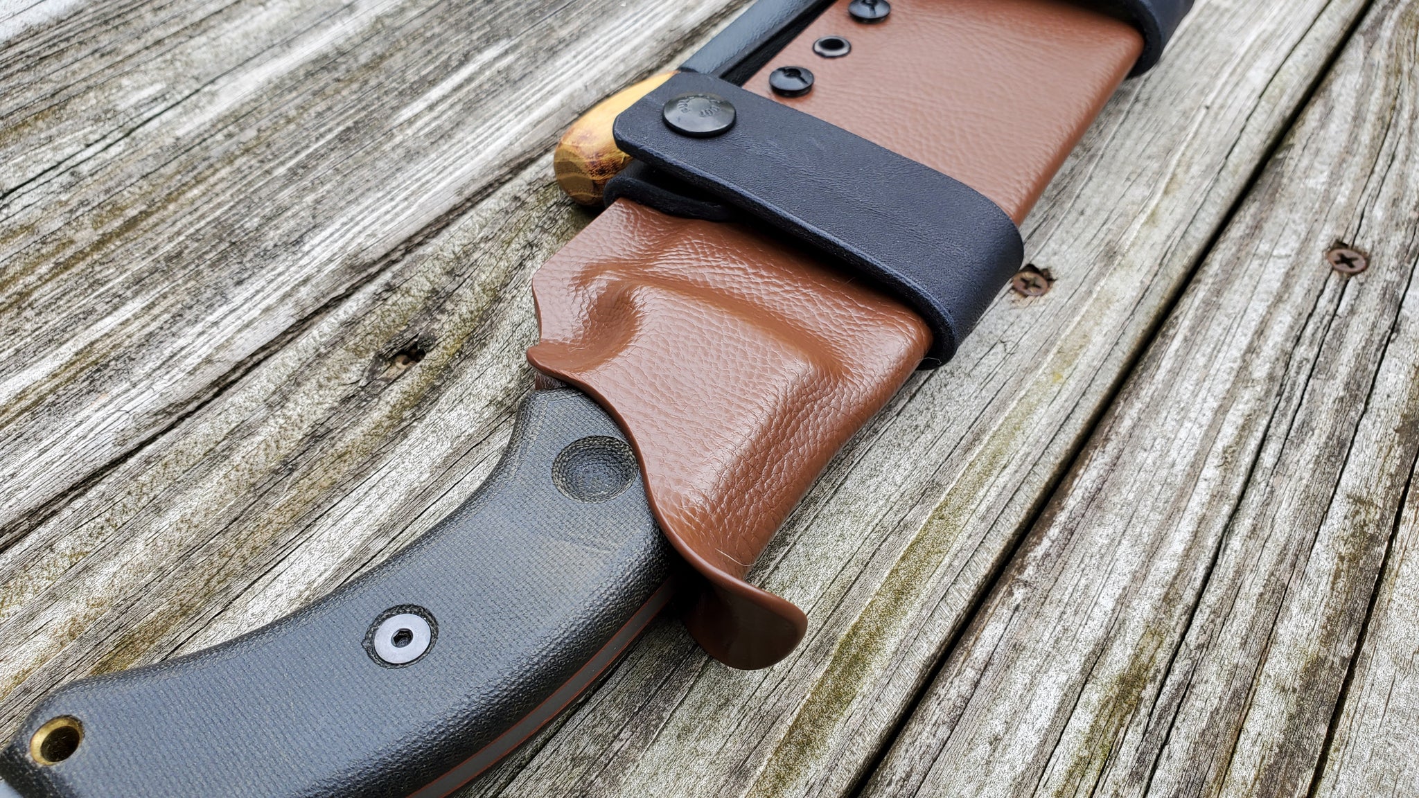 TOPS TAHOMA FIELD KNIFE Taco Style Sheath in SCOUT Carry w/ 2 single snaps & Firesteel Holder