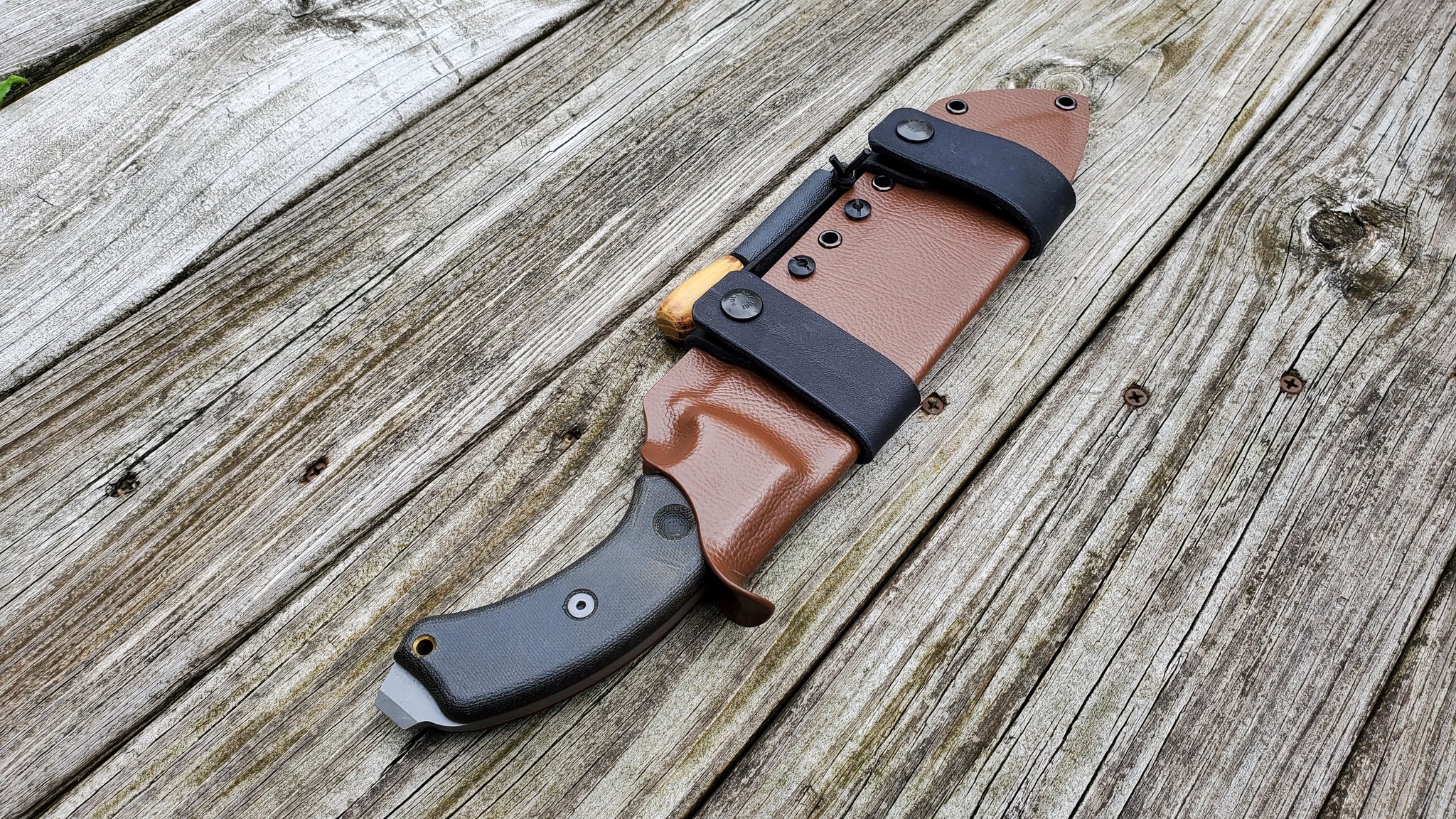 TOPS TAHOMA FIELD KNIFE Taco Style Sheath in SCOUT Carry w/ 2 single snaps & Firesteel Holder