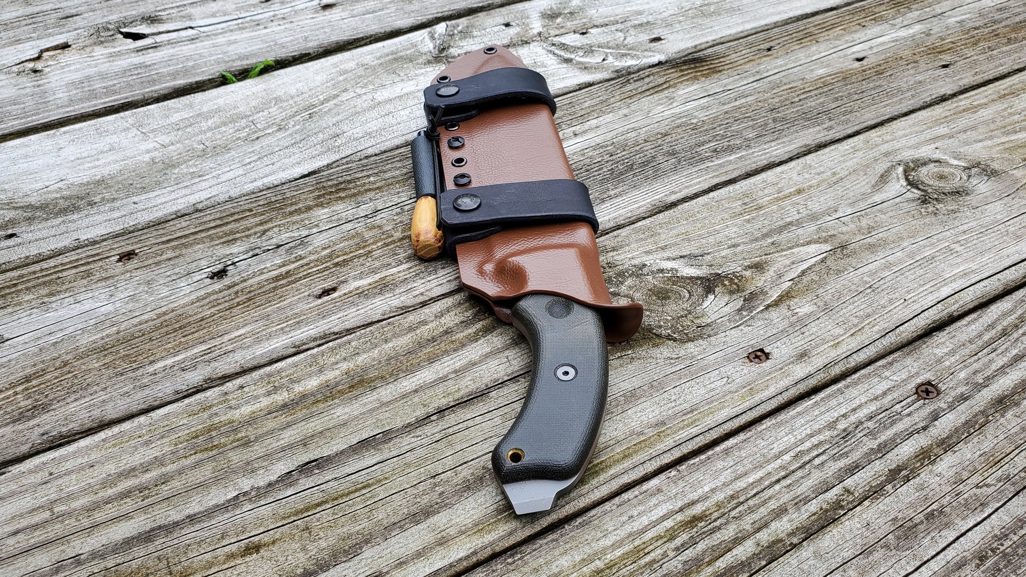 TOPS TAHOMA FIELD KNIFE Taco Style Sheath in SCOUT Carry w/ 2 single snaps & Firesteel Holder