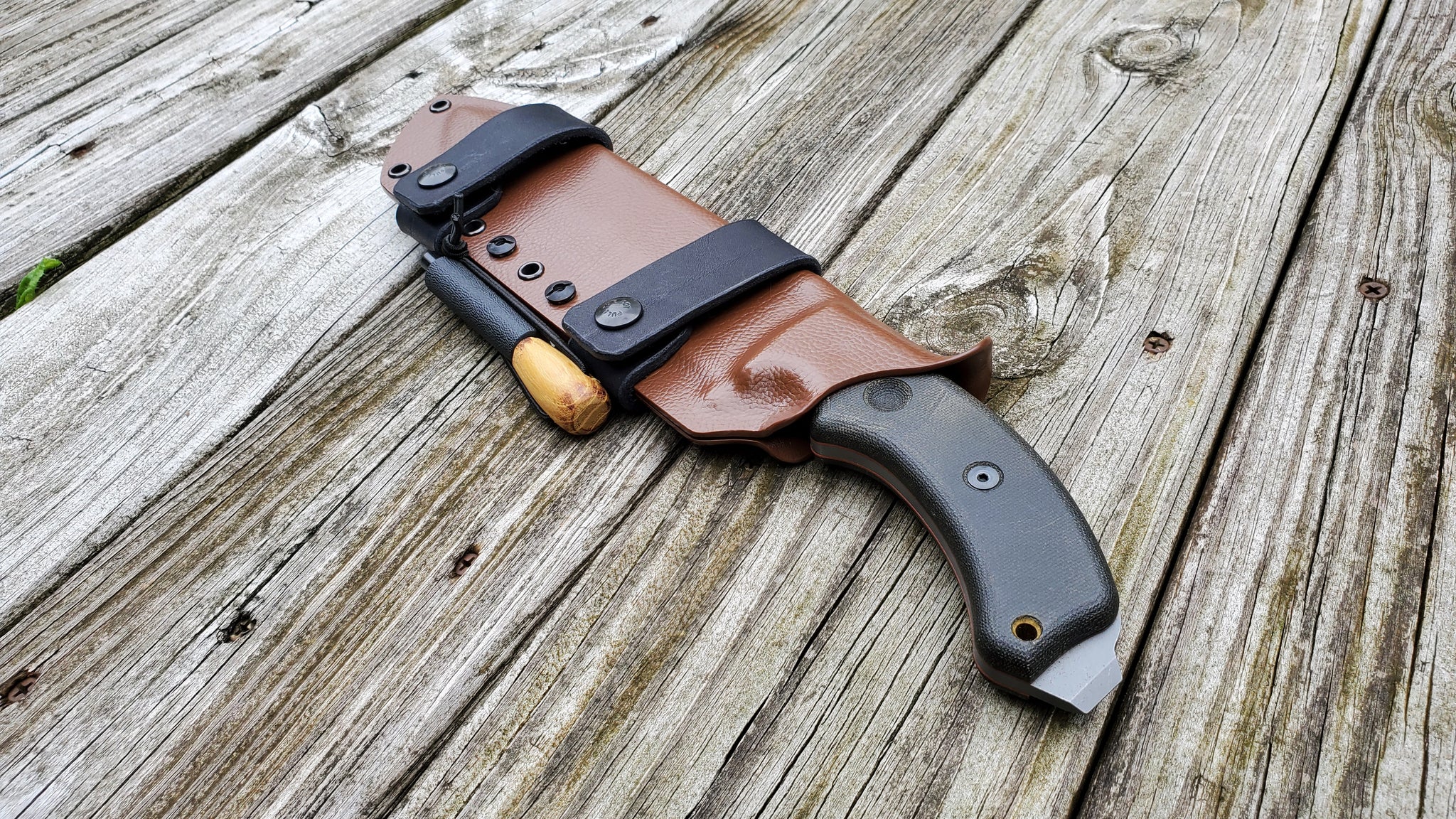 TOPS TAHOMA FIELD KNIFE Taco Style Sheath in SCOUT Carry w/ 2 single snaps & Firesteel Holder