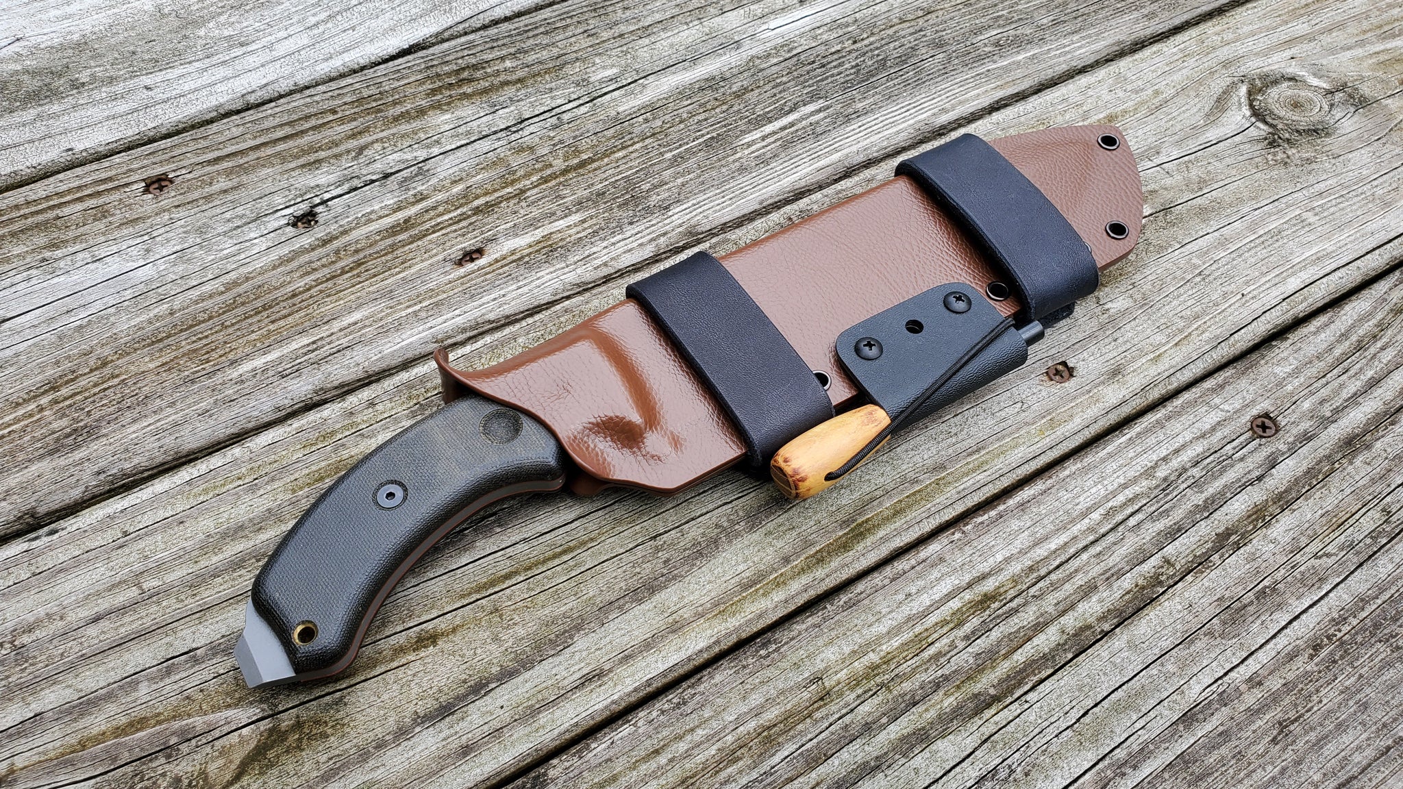 TOPS TAHOMA FIELD KNIFE Taco Style Sheath in SCOUT Carry w/ 2 single snaps & Firesteel Holder