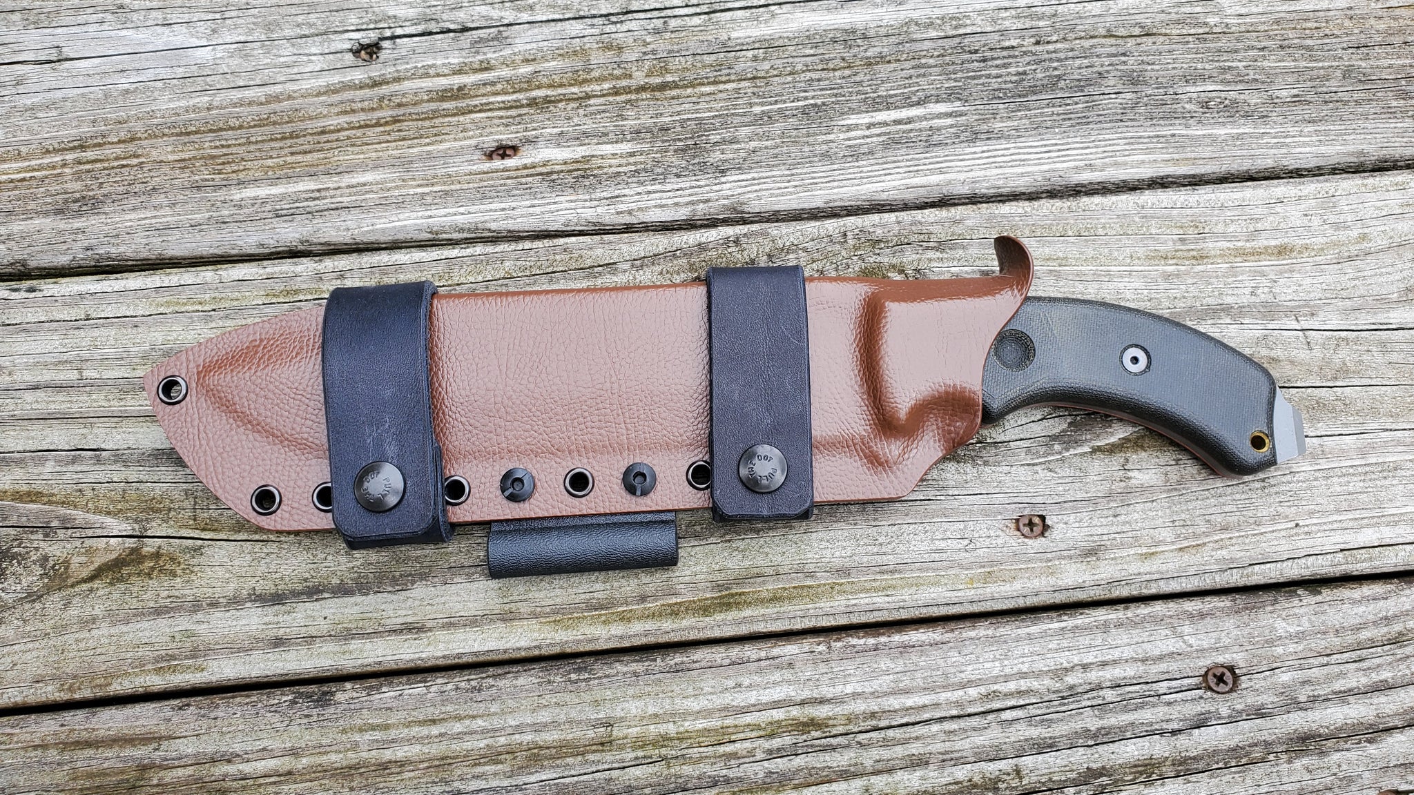 TOPS TAHOMA FIELD KNIFE Taco Style Sheath in SCOUT Carry w/ 2 single snaps & Firesteel Holder