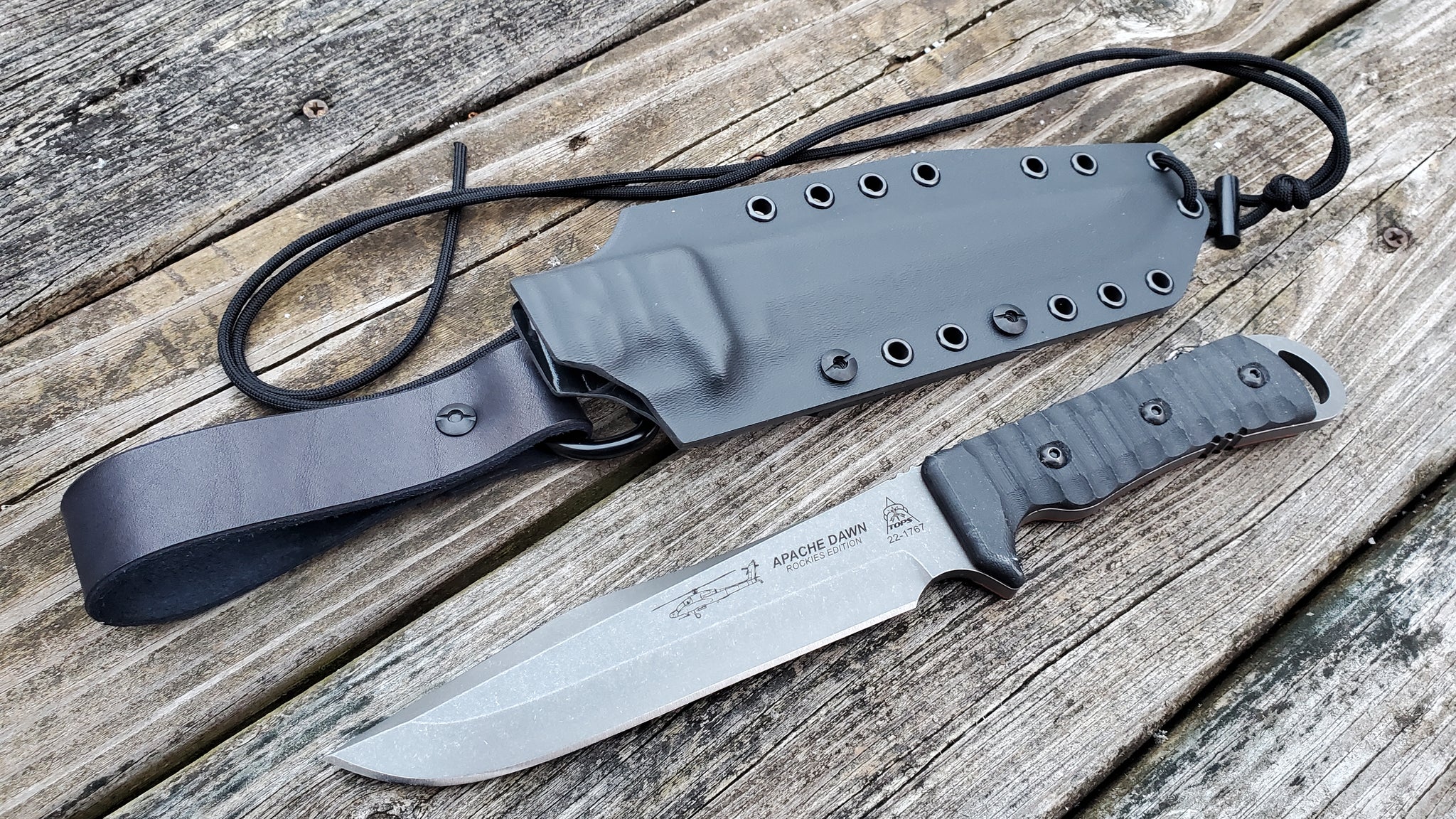 TOPS " APACHE DAWN APAD-02 ROCKIES" Edition custom Pancake style Kydex Sheath, Dangler, Mini Firesteel